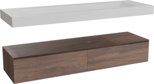 Balmani Mitra Elements zwevend badkamermeubel 180 x 55 cm Amerikaanse notelaar met Modus enkele wastafel voor 2 kraangaten in solid surface mat wit