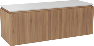 Balmani Eclips hängendes Möbelstück Set: 150 x 55 cm, Teak, mit Eclips Einzel- oder Doppel Waschtischplatte Solid Surface Weiβ matt