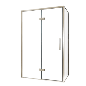 Balmani Senses Design douche en coin avec porte pivotante à gauche et paroi latérale fixe, 120 x 70 cm, Verre transparent, Profil Brushed CoolMetal, coating inclus
