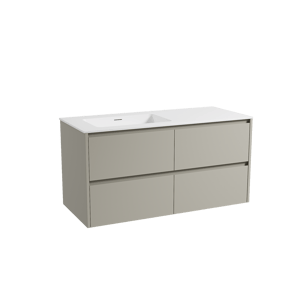 Storke Seda zwevend badmeubel 120 x 52 cm zijdegrijs met Mata asymmetrisch linkse wastafel in solid surface mat wit