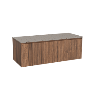 Balmani Fila zwevend badkamermeubel 135 x 55 cm notelaar met Stretto enkel of dubbel tablet in terrazzo greige terrazzo, Verticale symmetrische rechte ribbel