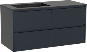 Storke Seda zwevend badmeubel 120 x 52 cm nachtblauw met Scuro asymmetrisch linkse wastafel in kwarts mat zwart