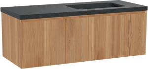 Balmani Idra zwevend badkamermeubel 135 x 55 cm teak met Napoli asymmetrisch rechtse wastafel in graniet zwart