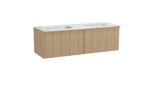 Balmani Forma hängendes Möbelstück Set: 150 x 55 cm, Naturbelassene Eiche, mit Tablo Arcato Doppelwaschtisch, Marmor, Carrara, Vertikale asymmetrische Runde Rippe