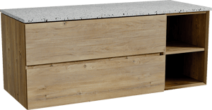 Storke Edge meuble salle de bains suspendu 130 x 52 cm chêne brut avec Tavola tablette simple ou double en blanc/noir mat terrazzo