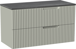 Linie Ribbo zwevend badmeubel 100 x 46 cm greige met Lado enkel of dubbel wastafelblad in melamine grijze leisteen, Verticale symmetrische ronde ribbel