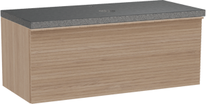 Balmani Forma hängendes Möbelstück Set: 120 x 55 cm, Naturbelassene Eiche, mit Rock Einzel Waschtischplatte, Granit, Schwarzes Granit, Horizontale symmetrische gerade Rippe