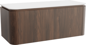 Balmani Moon hängendes Möbelstück Set: 130 x 55 cm, Amerikanischer Nussbaum, mit Moon Einzel- oder Doppel Waschtischplatte, Solid Surface Weiß matt