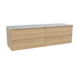 Balmani Mitra zwevend badkamermeubel 180 x 55 cm natuur eik met Stretto enkel of dubbel tablet in marmer carrara