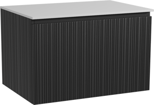 Storke Ribs zwevend badkamermeubel 75 x 52 cm zwarte eik met Tavola enkel tablet in solid surface mat wit, Verticale asymmetrische rechte ribbel