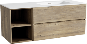 Storke Edge zwevend badkamermeubel 130 x 52 cm ruwe eik met Mata asymmetrisch rechtse wastafel in solid surface mat wit