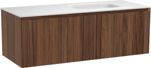 Balmani Idra zwevend badkamermeubel 135 x 55 cm notelaar met Tablo Arcato asymmetrisch rechtse wastafel in solid surface mat wit