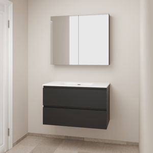 Linie Lado zwevend badkamermeubel 90 x 46 cm mat zwart met Baro enkele wastafel in porselein mat wit en Montro spiegelkast