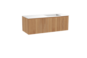 Balmani Idra meuble salle de bains suspendu 135 x 55 cm teck avec Tablo Stretto plan vasque asymétrique à droite en solid surface blanc mat