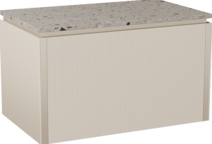 Balmani Eclips hängendes Möbelstück Set: 90 x 55 cm, Sandbeige, mit Stretto Einzel Waschtischplatte Greige Terrazzo, Vertikale symmetrische gerade Rippe