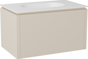 Balmani Eclips hängendes Möbelstück Set: 90 x 55 cm, Sandbeige, mit Tablo Oval Einzelwaschtisch Solid Surface Weiβ matt, Vertikale symmetrische gerade Rippe