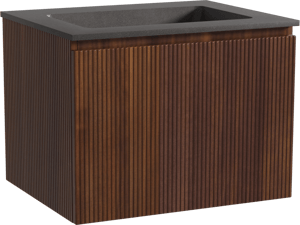 Storke Ribs zwevend badmeubel 65 x 52 cm notenhout met Scuro enkele wastafel in kwarts mat zwart, Verticale symmetrische rechte ribbel