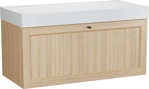 Balmani Lemon zwevend badmeubel 120 x 55 cm, fineer naturel eiken met Wave enkele wastafel voor 2 kraangaten in mat wit