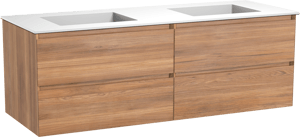 Balmani Mitra hängendes Möbelstück Set: 150 x 55 cm, Teak, mit Tablo Stretto Doppelwaschtisch, Solid Surface Weiß matt