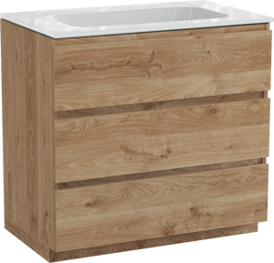 Balmani Lucida freistehendes Möbelstück Set: 90 x 55 cm, Rohe Eiche, mit Tablo Strada Einzelwaschtisch, Marmorkomposit Weiß glänzend