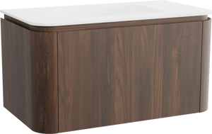 Balmani Moon hängendes Möbelstück Set: 100 x 55 cm, Amerikanischer Nussbaum, mit Moon Einzelwaschtisch, Solid Surface Weiß matt