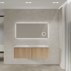 Balmani Forma zwevend badmeubel 150 x 55 cm naturel eiken met Tablo Arcato dubbele wastafel in marmer carrara, Verticale asymmetrische ronde ribbel en Giro badkamerspiegel