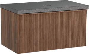 Balmani Forma zwevend badkamermeubel 90 x 55 cm amerikaanse notelaar met Rock enkel tablet in graniet zwart, Verticale asymmetrische ronde ribbel