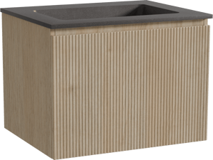 Storke Ribs zwevend badmeubel 65 x 52 cm ruw eiken met Scuro enkele wastafel in kwarts mat zwart, Verticale symmetrische rechte ribbel