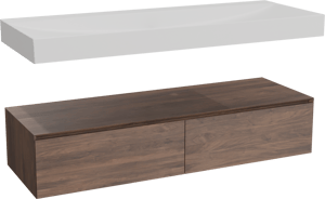 Balmani Mitra Elements hängendes Möbelstück Set: 150 x 55 cm, Amerikanischer Nussbaum mit Wave Einzelwaschtisch für 2 Armaturenlöcher, Solid Surface Weiß matt