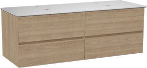 Balmani Mitra zwevend badkamermeubel 150 x 55 cm natuur eik met Facetta dubbel tablet in solid surface mat wit