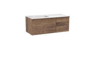 Balmani Forma hängendes Möbelstück Set: 120 x 55 cm, Amerikanischer Nussbaum, mit Tablo Arcato Waschtisch links, Solid Surface, Weiß matt, Horizontale symmetrische gerade Rippe