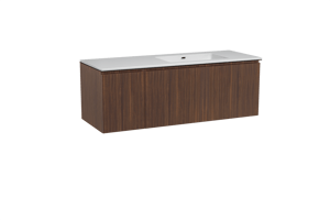 Storke Ribs hängendes Möbelstück Set: 140 x 52 cm, Nussbaum, mit Diva Waschtisch rechts, Marmorkomposit, Weiß glänzend, Vertikale symmetrische gerade Rippe