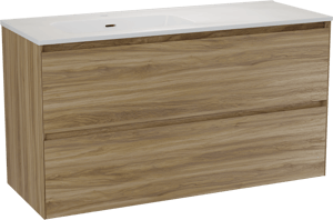Balmani Mitra Compact zwevend badmeubel 120 x 46 cm wild eiken met Nostra asymmetrisch linkse wastafel in porselein hoogglans wit
