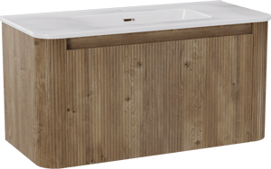 Storke Soft hängendes Möbelstück Set: 100 x 46 cm, Eiche rau, mit Kera Soft Einzelwaschtisch Keramik Weiβ glänzend, Vertikale symmetrische gerade Rippe