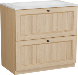 Balmani Lemon freistehendes Möbelstück Set: 90 x 55 cm, Naturbelassene Eiche Furnier, mit Tablo Strada Einzelwaschtisch, Weiß glänzend