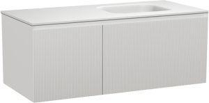 Balmani Fila by Mitra meuble salle de bains suspendu 120 x 55 cm blanc mat avec Tablo Arcato plan vasque asymétrique à droite en solid surface blanc mat, Nervure droite symétrique verticale