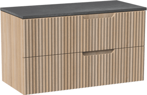 Linie Ribbo zwevend badkamermeubel 100 x 46 cm lichte eik met Lado enkel of dubbel tablet in melamine leisteen grijs, Verticale symmetrische ronde ribbel