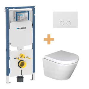 Luca Varess Calibro wc suspendu blanc brillant sans rebord compact avec Geberit Duofix UP720 Sigma bâti-support et plaque de commande