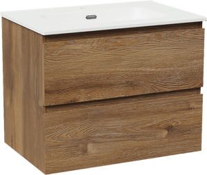 Linie Lado hängendes Möbelstück Set: 70 x 46 cm, Braune Eiche, mit Baro Einzelwaschtisch, Porzellan Weiß matt