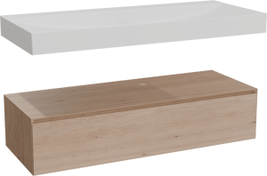 Balmani Mitra Elements hängendes Möbelstück Set: 135 x 55 cm, Naturbelassene Eiche mit Wave Einzelwaschtisch für 2 Armaturenlöcher, Solid Surface Weiß matt