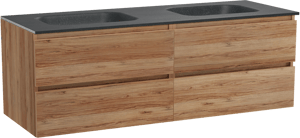 Balmani Lucida hängendes Möbelstück Set: 150 x 55 cm, Teak, mit Tablo Arcato Doppelwaschtisch, Schwarzes Granit