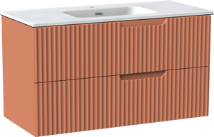 Linie Ribbo zwevend badmeubel 100 x 46 cm cotto met Baro enkele wastafel in porselein mat wit, Verticale symmetrische ronde ribbel