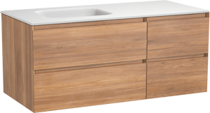 Balmani Mitra zwevend badkamermeubel 120 x 55 cm teak met Tablo Arcato asymmetrisch linkse wastafel in solid surface mat wit