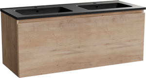 Linie Lado zwevend badkamermeubel 120 x 46 cm natuur eik met Vano dubbele wastafel in composietmarmer mat zwart
