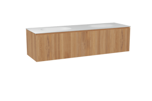 Balmani Idra meuble salle de bains suspendu 180 x 55 cm teck avec Tablo Oval double vasque en solid surface blanc mat