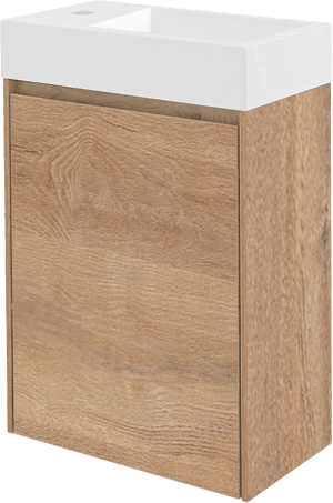 Storke Edge hängendes Badmöbel Set (Gäste WC): 40 x 22 cm, Eiche rustikal, Vida Waschtisch, Marmorkomposit, glänzend