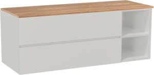 Storke Edge hängendes Möbelstück Set: 140 x 52 cm, Weiß glänzend, mit Panton Einzel- oder Doppel Waschtischplatte, Melamin Rohe Eiche