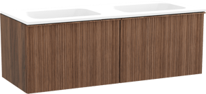 Balmani Forma hängendes Möbelstück Set: 135 x 55 cm, Amerikanischer Nussbaum, mit Tablo Strada Doppelwaschtisch, Marmorkomposit, Weiß matt, Vertikale asymmetrische Runde Rippe