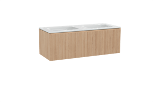 Balmani Fila hängendes Möbelstück Set: 135 x 55 cm, Naturbelassene Eiche, mit Tablo Strada Doppelwaschtisch, Marmorkomposit, Weiß glänzend, Vertikale symmetrische gerade Rippe