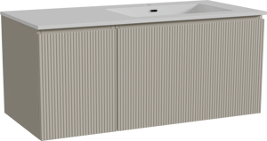 Storke Ribs meuble salle de bains suspendu 110 x 52 cm soie grise avec Diva vasque asymétrique droite en marbre composite blanc brillant, Nervure droite symétrique verticale